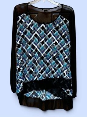 Susan Lawrence Geometric Print Sheer Mesh Hi-Low Tunic Top Size L